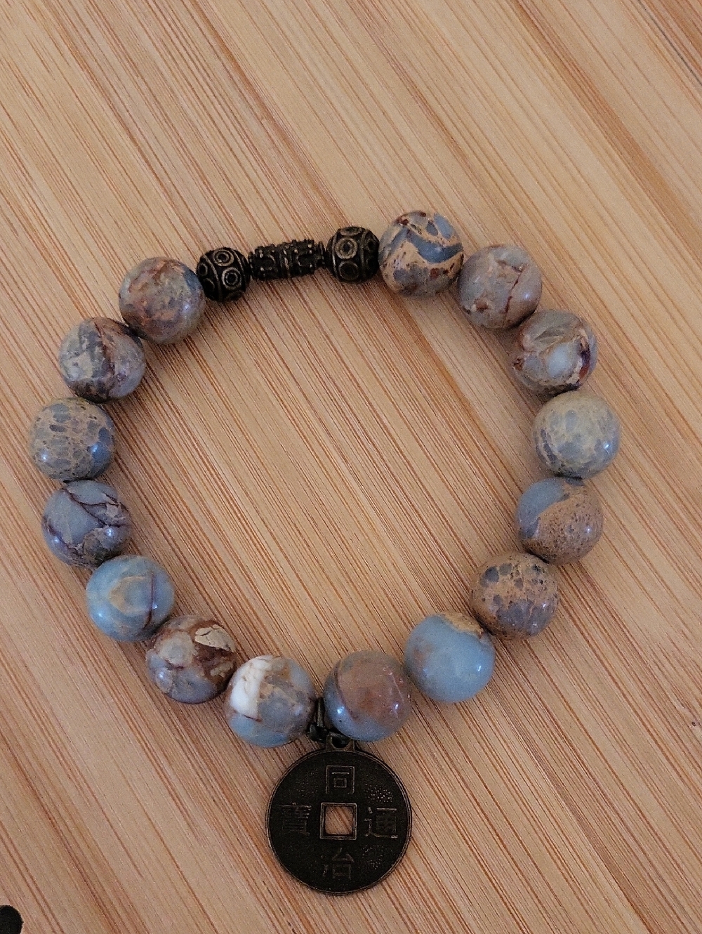 Aqua Terra Jasper Gemstones With Asian Cash Coin Bead Stretch Bracelet